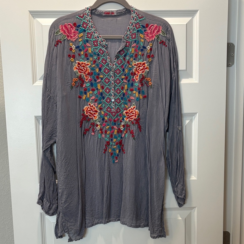Johnny Was Charcoal Tunic with Colorful Embroidery